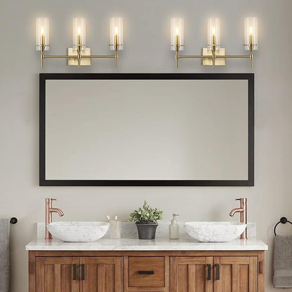 JONATHAN Y 21.25" Brass Gold/Clear Modern Farmhouse LED Vanity Light Sconce, Clear Glass Cylinder Shade, Wall Lamp for Bathroom Mirror Hallway Entryway, LED Bulb Included (JYL7807C)