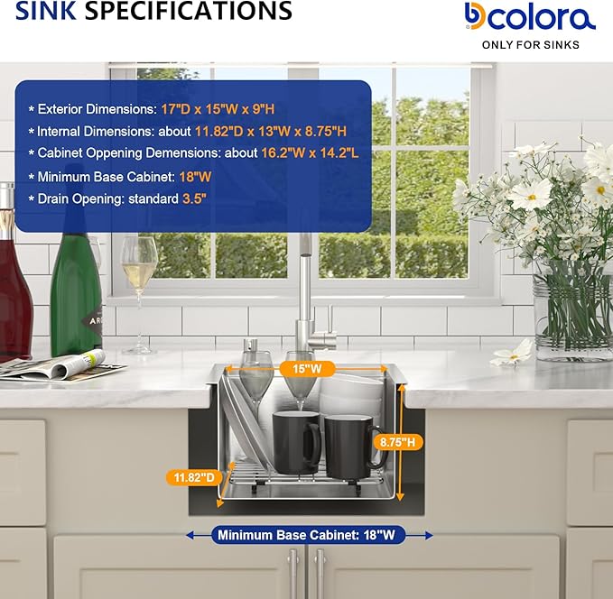Dcolora Drop In Bar Sink 15x17x9 Inches, Workstation with Accessories, Brushed 304 Stainless Steel, Heavy Duty 16 Gauce, Small Single Bowl Perfect for Small Kitchen, Bar, Kitchen Island #DC-TW258004
