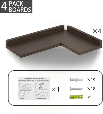 4 Tier Floating Corner Shelves - Set of 4 Rustic Wooden Floating Corner Wall Shelf with Cord Hole, L Shaped Corner Shelf Wall Mount for Bedroom,Living Room,Bathroom,Kitchen, Walnut Color