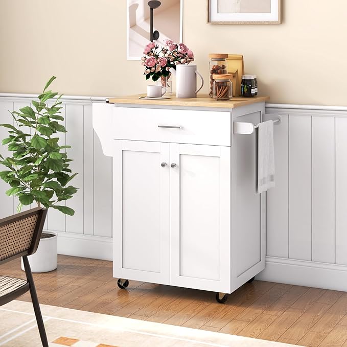 Giantex Kitchen Island with Storage, Rolling Island Table with Cabinet, Adjustable Shelf, Drawer, Towel Rack & Spice Rack, Small Bar Kitchen Cart On Wheels for Living Dining Room, White