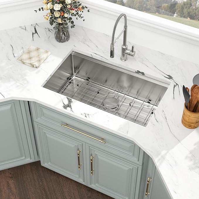 Kichae 30 Undermount Kitchen Sink - 30x18 Undermount Sink Ledge Workstation 16 Gauge Stainless Steel Deep Single Bowl Under Counter Handmade Basin
