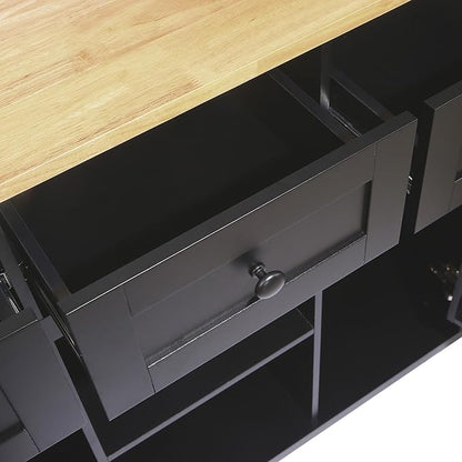 Mobile Kitchen Island with Drop Leaf, Rolling Kitchen Cart on 5 Wheels with Rubberwood Top, Storage Cabinet with 3 Storage Compartment, Spice and Towel Racks for Dining Room