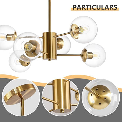 Bagood 6-Light Globe Sputnik Chandelier Modern Gold Sputnik Chandelier Mid Century Pendant Light Brushed Brass Finished with Clear Globe Glass Lampshade Chandeliers for Dining Room Kitchen