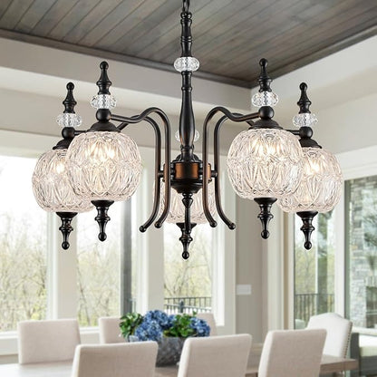 Chandeliers Modern 5-Light Chandelier Black Kitchen Island Pendant Light Fixtures Finish with Crystal Glass Shade for Kitchen Island Living Room
