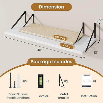 Acovy Deep Floating Shelves for Wall,30" Wx10 D Wood Floating Shelf Set of 2,Sturdy Metal Bracket Wide Display & Storage,Wall Mounted Hanging Floating Shelves for Living Room,Bedroom,Kitchen,White