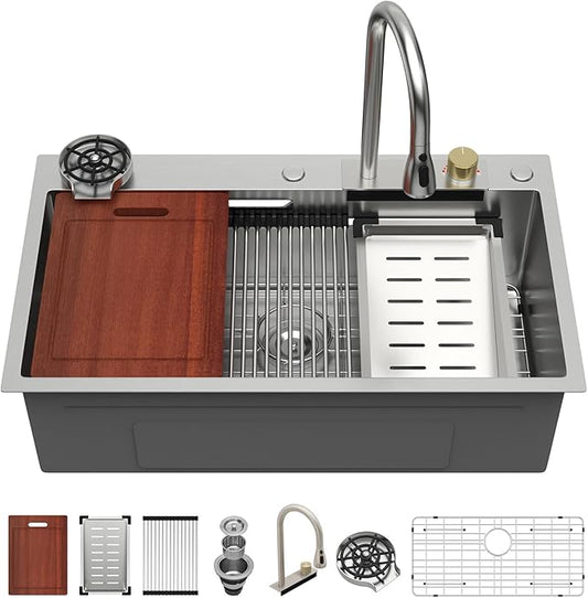 Sarlai Waterfall Kitchen Sink - 33x19 Drop In Sink 33 Inch Topmount Workstation Stainless Steel 16 Gauge Single Bowl Waterfall Kitchen Sink Handmade with Faucet & Glass Rinser