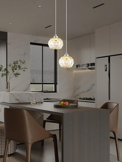 Modern Led Crystal Ball Pendant Light Kitchen Island, Mini Crystal Chandelier for Dining Room 3000K-6000k,5W Chrome
