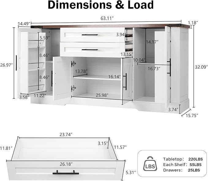 Buffet Cabinet with Storage, 63" Large Sideboard Storage Cabinet with Drawer, 4 Doors and Shelves, Modern Farmhouse Coffee Bar Table Kitchen Island Credenza for Kitchen, Dining, Living Room (White)