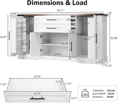 Buffet Cabinet with Storage, 63" Large Sideboard Storage Cabinet with Drawer, 4 Doors and Shelves, Modern Farmhouse Coffee Bar Table Kitchen Island Credenza for Kitchen, Dining, Living Room (White)