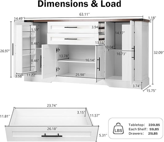 Buffet Cabinet with Storage, 63" Large Sideboard Storage Cabinet with Drawer, 4 Doors and Shelves, Modern Farmhouse Coffee Bar Table Kitchen Island Credenza for Kitchen, Dining, Living Room (White)