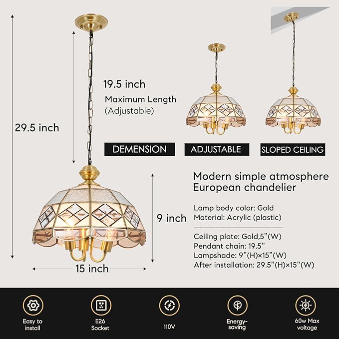 15" European-Style Palace Chandelier, 3-Light Antique Gold Ceiling Light Fixture, Farmhouse Retro Metal Hanging Pendant Lamp for Dining Room Bedroom Kitchen Island Hallway