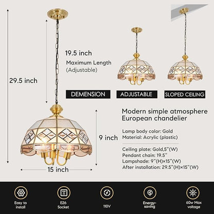 15" European-Style Palace Chandelier, 3-Light Antique Gold Ceiling Light Fixture, Farmhouse Retro Metal Hanging Pendant Lamp for Dining Room Bedroom Kitchen Island Hallway