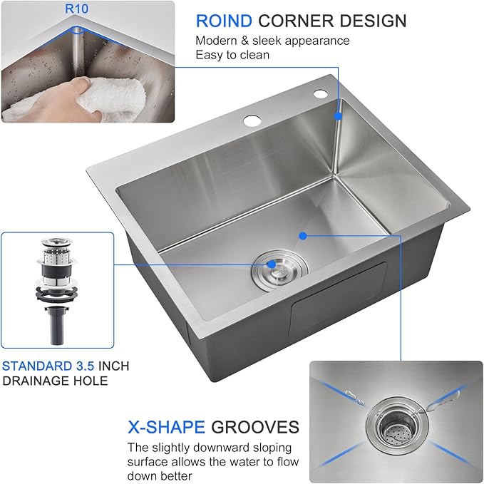 MENATT 24 Inch Drop-in Kitchen Sink, 304 Stainless Steel Topmount Handmade Residential Sink, Single Bowl Workstation Sink with Drain Kit (Brushed), 24"x18"x9"