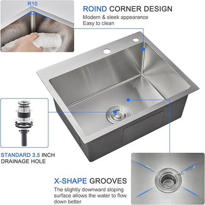 MENATT 24 Inch Drop-in Kitchen Sink, 304 Stainless Steel Topmount Handmade Residential Sink, Single Bowl Workstation Sink with Drain Kit (Brushed), 24"x18"x9"