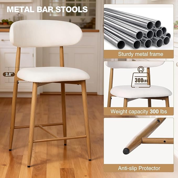 Counter Height Bar Stools Set of 4, Kitchen Bar Stools with Back, Mid Century Modern Upholstered, with Metal Legs for Kitchen Island Dining Room