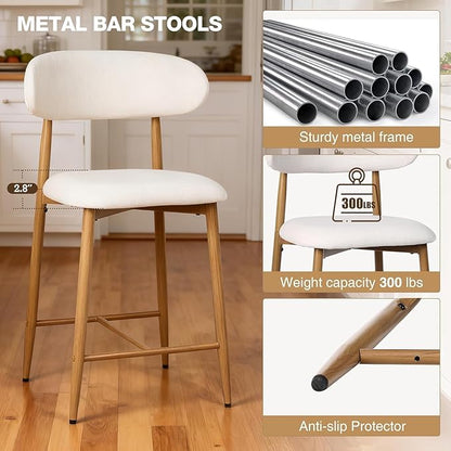 Counter Height Bar Stools Set of 4, Kitchen Bar Stools with Back, Mid Century Modern Upholstered, with Metal Legs for Kitchen Island Dining Room