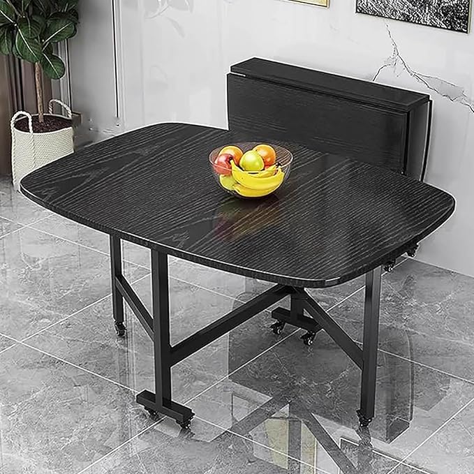 Folding Dining Table with Wheels, Solid Wood Folding Table Foldable Kitchen Table Space Saving Collapsible Table Kitchen Island Table