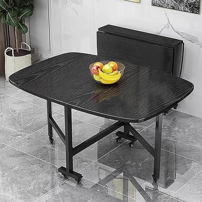 Folding Dining Table with Wheels, Solid Wood Folding Table Foldable Kitchen Table Space Saving Collapsible Table Kitchen Island Table
