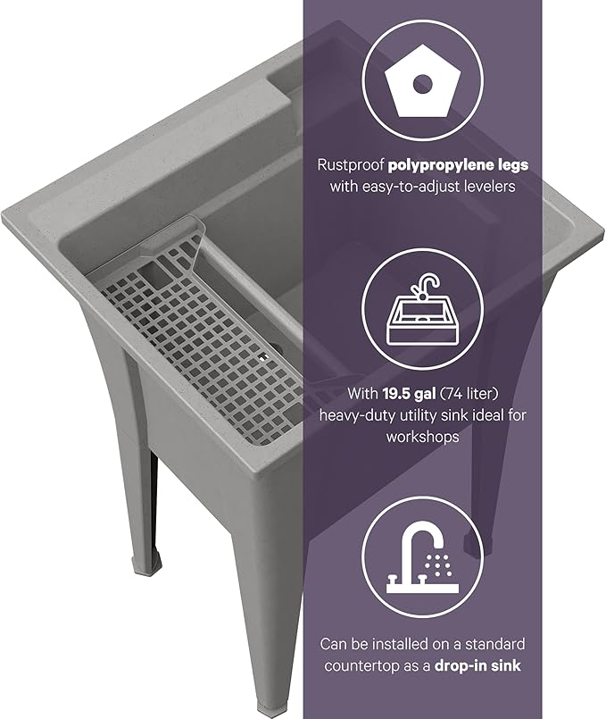 24” Utility Sinks for Laundry Room, Garage, Garden, Basement – Noah William Home Indoor and Outdoor Polypropylene Basement Wash Tub - No Faucet Included (Grey)
