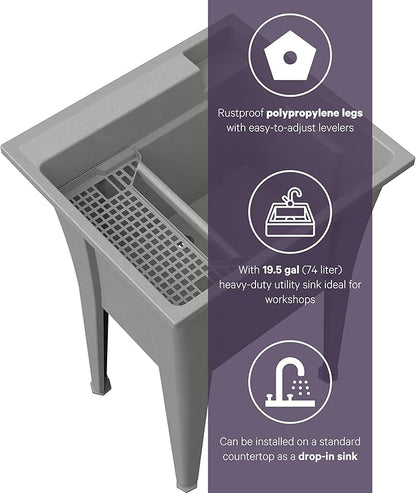 24” Utility Sinks for Laundry Room, Garage, Garden, Basement – Noah William Home Indoor and Outdoor Polypropylene Basement Wash Tub - No Faucet Included (Grey)