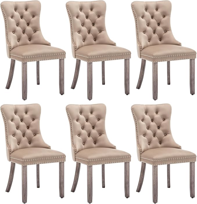 Eifizek Velvet Dining Chairs Set of 6, Upholstered Dining Room Chairs with Nailhead Ring Pull Trim, Button Tufted Wing Back Chairs for Dining with Solid Wood Legs for Kitchen Dining Room(Khaki)