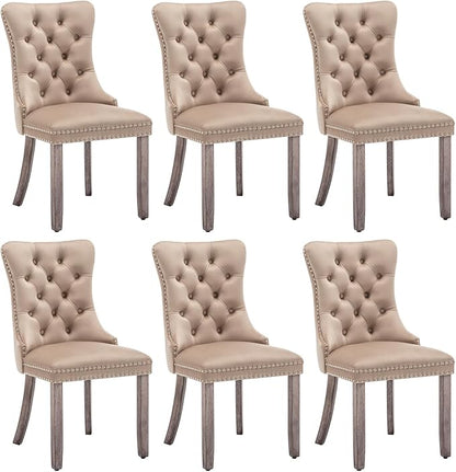 Eifizek Velvet Dining Chairs Set of 6, Upholstered Dining Room Chairs with Nailhead Ring Pull Trim, Button Tufted Wing Back Chairs for Dining with Solid Wood Legs for Kitchen Dining Room(Khaki)