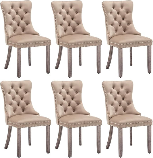 Eifizek Velvet Dining Chairs Set of 6, Upholstered Dining Room Chairs with Nailhead Ring Pull Trim, Button Tufted Wing Back Chairs for Dining with Solid Wood Legs for Kitchen Dining Room(Khaki)