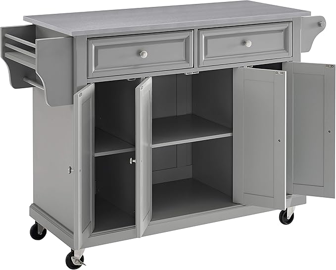 Crosley Furniture Full Size Stainless Steel Rolling Kitchen Island Storage Cart, Microwave Stand, Spice Rack, Gray