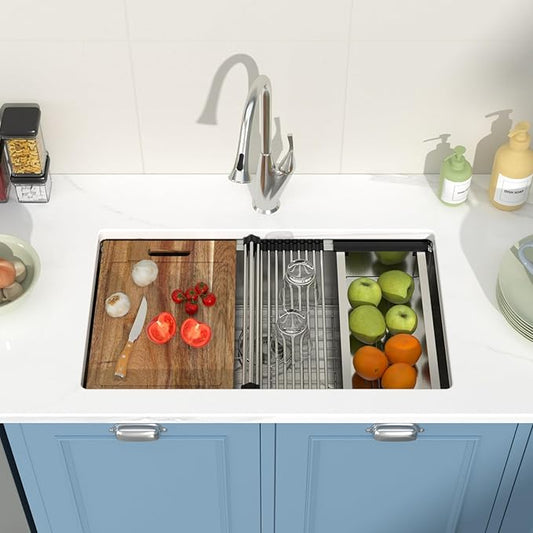 30 Inch Undermount Kitchen Sink 30x18 Workstation Undermount Sink Stainless Steel 16 Gauge 8 In Deep Single Bowl Under Counter with Accessories