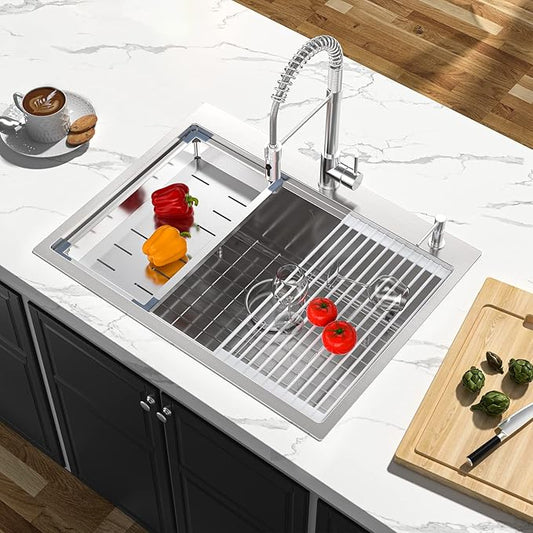 27 Inch Workstation Kitchen Sink 16 Gauge Stainless Steel Drop-In Topmount Single Bowl Kitchen Sink (27"X22"X10")