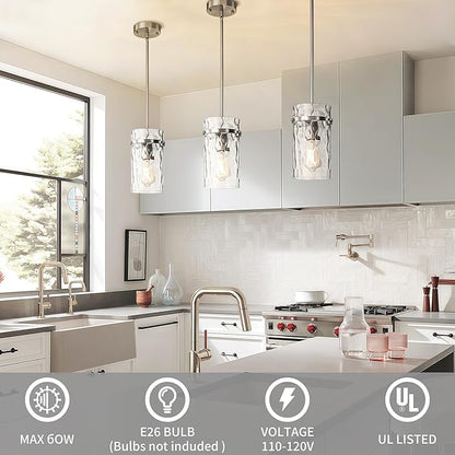 5.5" Brush Nickel Hammered Glass Pendant Light Fixtures, Brushed Nickel Pendant Lights Kitchen Island, Modern Kitchen Island Light Dining Room Light Farmhouse Island Lights Sink 2 Pack