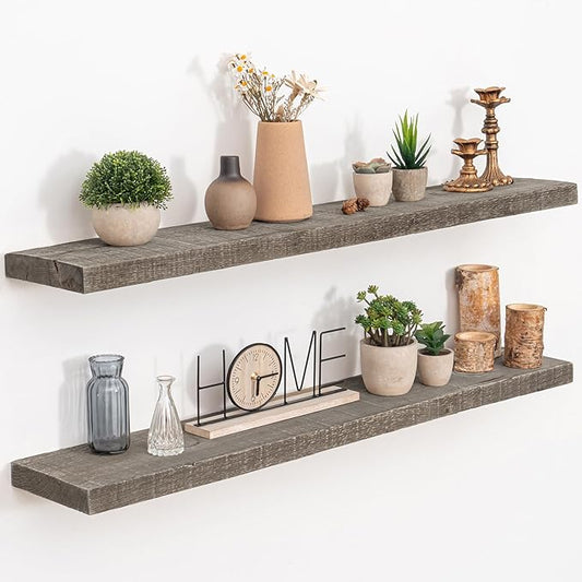 FLYJOE Floating Shelves Reclaimed Barnwood, 8" Deep Solid Wood Floating Shelf Wall Hanging Shelves with Invisible Heavy-Duty Metal Bracket | Wall Mounted | Farmhouse Style | 40 inches,2PCS,Grey