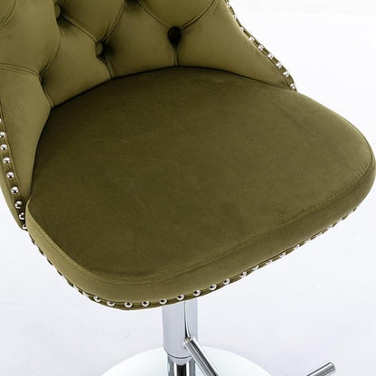 Rhomtree Velvet Swivel Bar Stools with Button Tufted Back and Pull Ring Height Adjustable Barstools 25-33 Inch for Home Pub and Kitchen Island (Olive-Green with Silver Base, Set of 4)