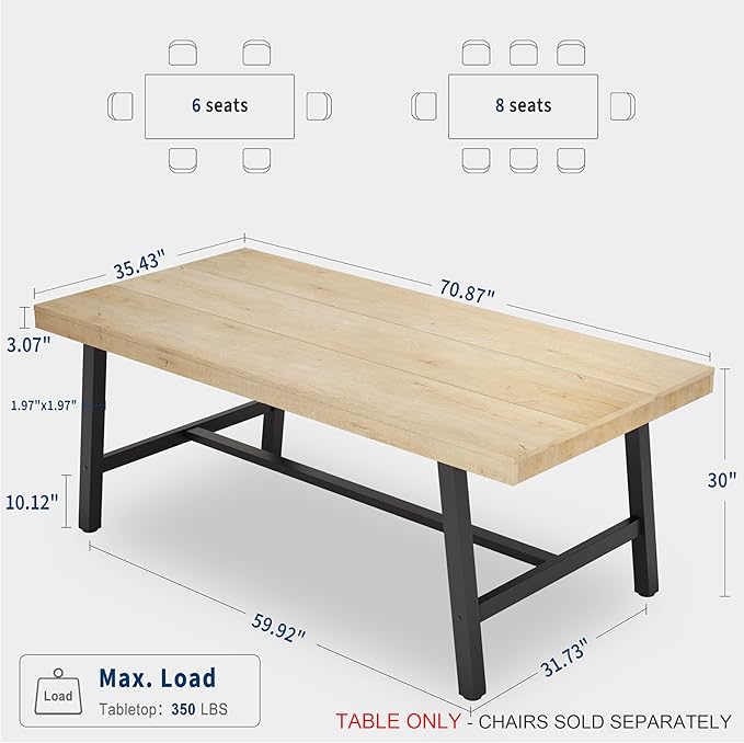 GarveeHome 70.87 Inch Rectangular Dinner Table for 6-8, Industrial Dining Table for Kitchen & Dining Room, Heavy Duty Metal Frame, Natural