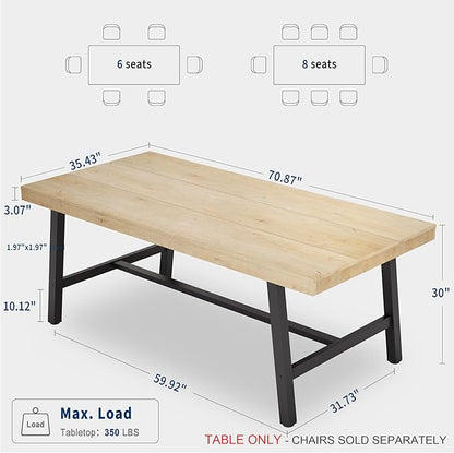 GarveeHome 70.87 Inch Rectangular Dinner Table for 6-8, Industrial Dining Table for Kitchen & Dining Room, Heavy Duty Metal Frame, Natural
