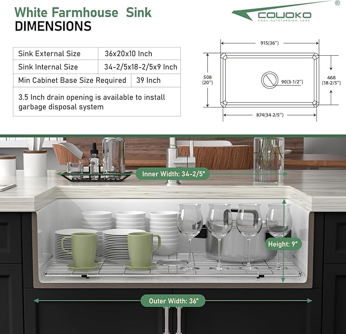 36 Inch White Farmhouse Sink Fireclay Apron Front Single Bowl Farm Sink Heavy Duty Large Deep Farm House Style Drop In Undermount Glossy WhiteSinks Basin for Kitchen 36" x 20" x 10"