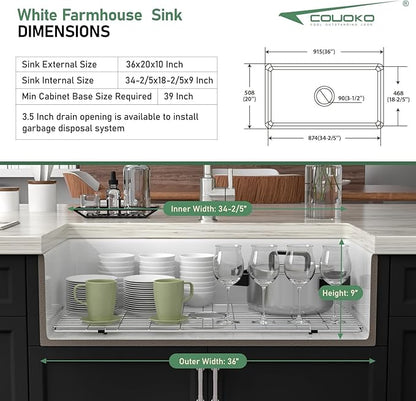 36 Inch White Farmhouse Sink Fireclay Apron Front Single Bowl Farm Sink Heavy Duty Large Deep Farm House Style Drop In Undermount Glossy WhiteSinks Basin for Kitchen 36" x 20" x 10"
