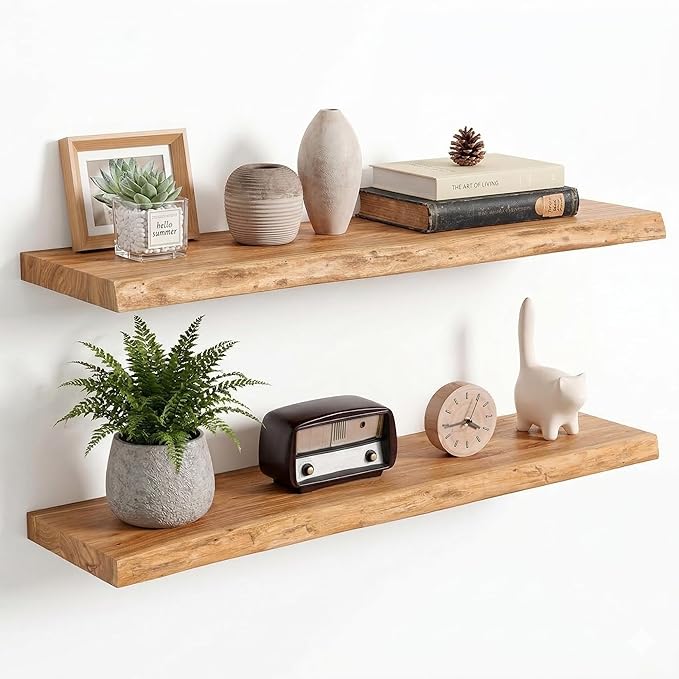 Venusmiles Reclaimed Elm Wood Floating Shelves for Wall, Live Edge 36" W x 9.2" D x 1.4" H, Set of 2 Invisible Wall Mounted Shelves for Living Room Bedroom Kitchen Bathroom Decor, Natural Finish