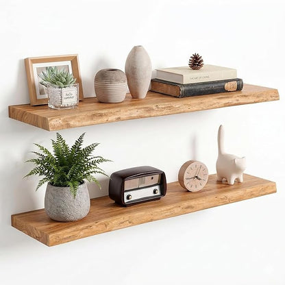 Venusmiles Reclaimed Elm Wood Floating Shelves for Wall, Live Edge 36" W x 9.2" D x 1.4" H, Set of 2 Invisible Wall Mounted Shelves for Living Room Bedroom Kitchen Bathroom Decor, Natural Finish