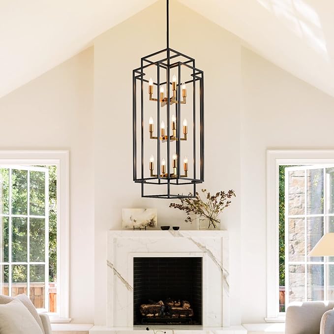 12-Light Kitchen Island Lighting, Modern Farmhouse Dining Room Light Fixtures Over Table, Black and Gold Chandelier for Dining Room, Living Room, Foyer, Entry, Staircase, Hallway