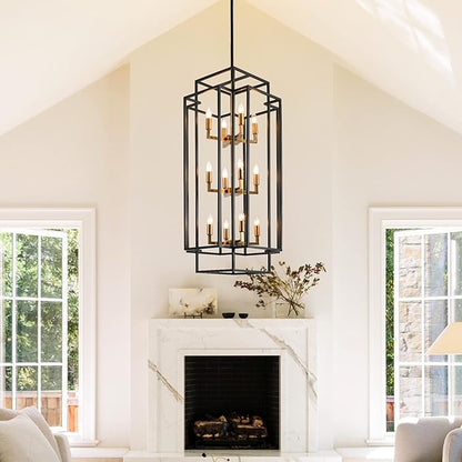12-Light Kitchen Island Lighting, Modern Farmhouse Dining Room Light Fixtures Over Table, Black and Gold Chandelier for Dining Room, Living Room, Foyer, Entry, Staircase, Hallway