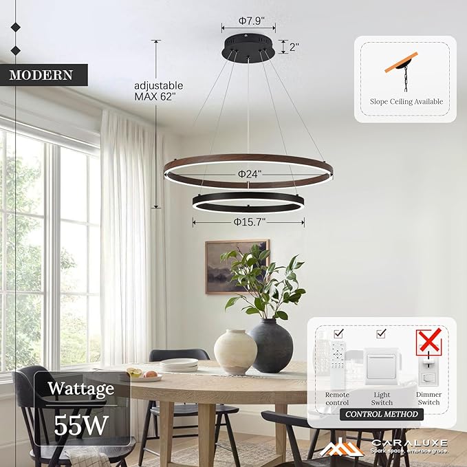 2 Ring LED Chandelier Black Walnut Wood Chandelier for Dining Room 24in Dimmable Circular Chandeliers Light Round Chandeliers for Bedroom Kitchen Entryway Living Room