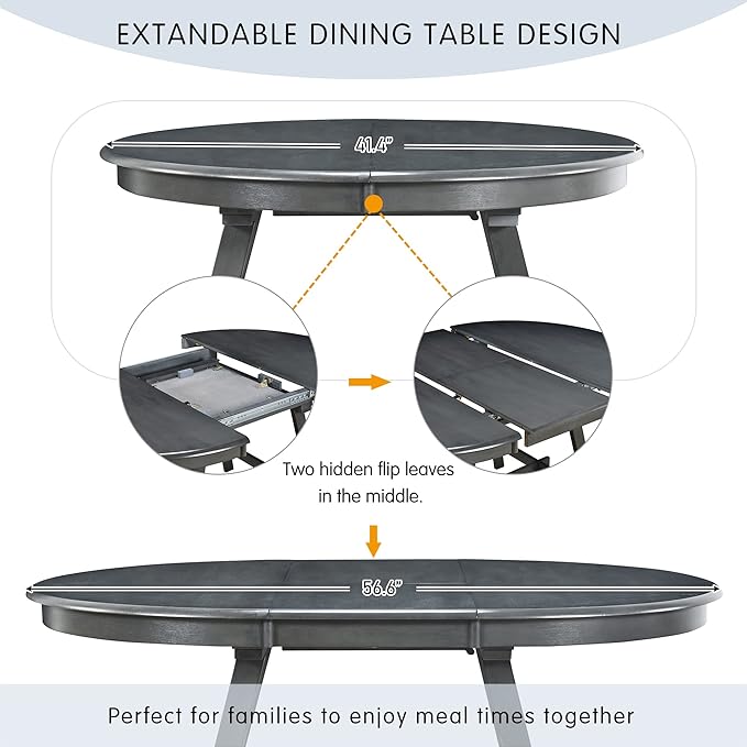 BROVAVE 57" Extendable Island Table, Rustic Dining Table with Retro Farmhouse Style, Mid Century Dining Table with Rubber Wood Legs for Family Gatherings, Gray