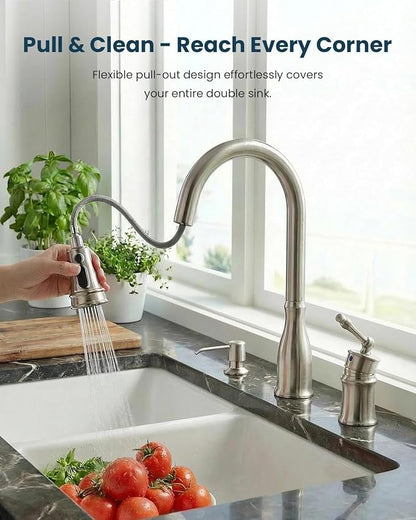 APPASO 3 Hole Kitchen Faucet with Pull Down Sprayer Brushed Nickel, 3 Pieces Kitchen Faucet with Soap Dispenser and Separate Side Handle, Stainless Steel, High Arc Sink Faucets for 2-3 Hole Sink