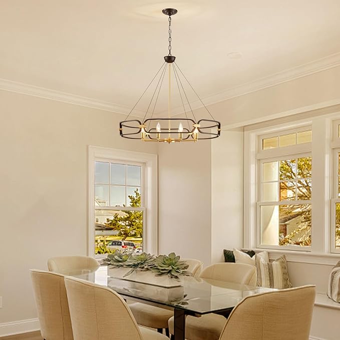 XINGQI 31" Large 8-Light Black and Gold Industrial Chandeliers for Dining Room Round Farmhouse Kitchen Pendant Light Fixture for Entryway Living Room Bedroom Foyer