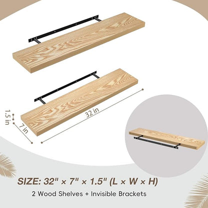 Lufia Floating Wall Shelves, Set of 2, MDF with Invisible Brackets, Modern Storage for Bedroom, Bathroom, Living Room, Kitchen (Oak, 32" W x 7" D x 1.5" H)