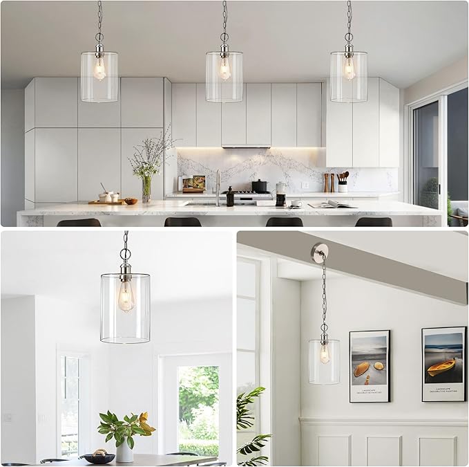 Modern Pendant Light, 7.7" Clear Glass Cylinder Hanging Fixture with Brushed Nickel Finish, Adjustable Chain Chandelier for Kitchen Island Dining Room Hallway Entryway, E26 Base
