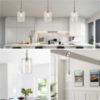 Modern Pendant Light, 7.7" Clear Glass Cylinder Hanging Fixture with Brushed Nickel Finish, Adjustable Chain Chandelier for Kitchen Island Dining Room Hallway Entryway, E26 Base