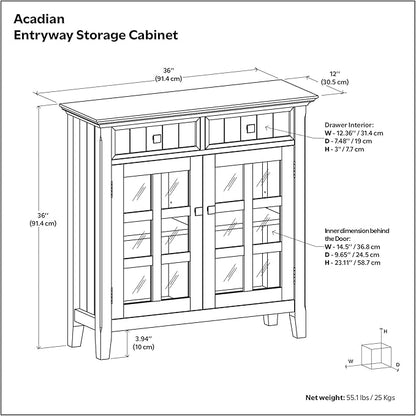 SIMPLIHOME Acadian Storage Cabinet - 36 inch Wide Solid Wood Entryway Storage Cabinet in Light Golden Brown, Transitional Cabinet for Hallway or Living Room with 2 Drawers and Adjustable Shelves