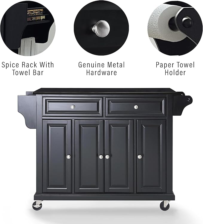 Crosley Furniture Full Size Granite Top Rolling Kitchen Island Storage Cart, Microwave Stand, Spice Rack, Black